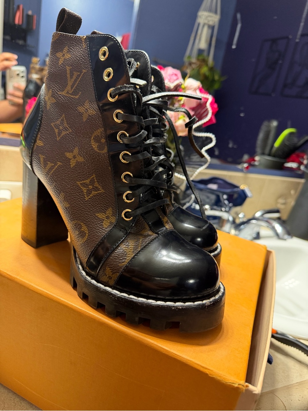 Louis Vuitton Black and Brown Monogram Lace-Up Platform Boots